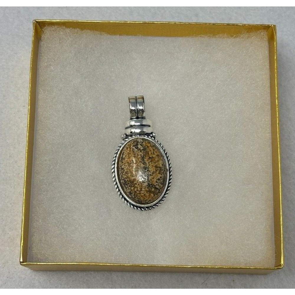 Vintage Roman Signed Pendant‎ Silver Tone Brown Stone